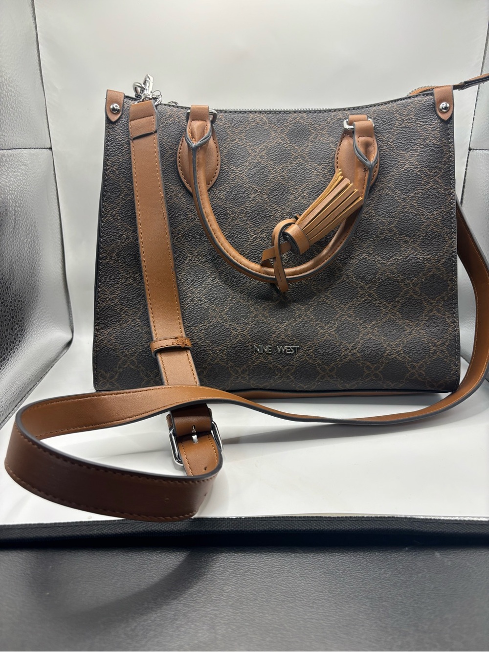 Nine West Brown Logo-Print Tote with Tan Trim and Tassel